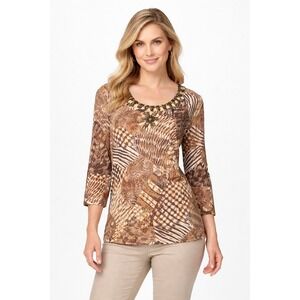 Ruby Red Petite Large Brown Cream Beaded Neckline Top Cotton 3/4 Sleeve PL